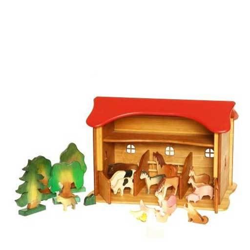 wooden barn with red roof