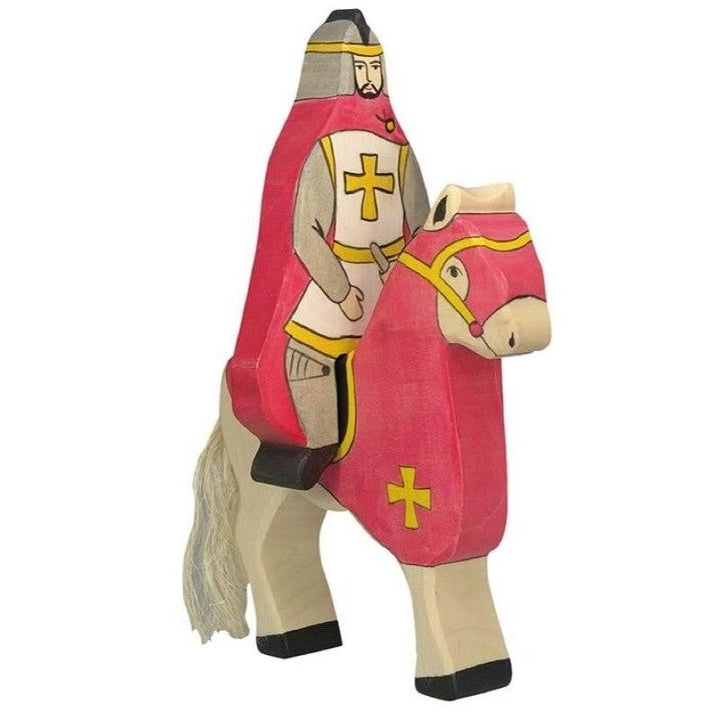 Holztiger red knight with cloak riding atop horse