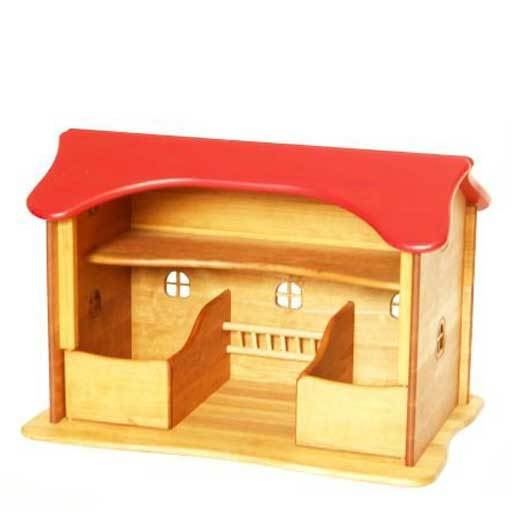 wooden barn with red roof