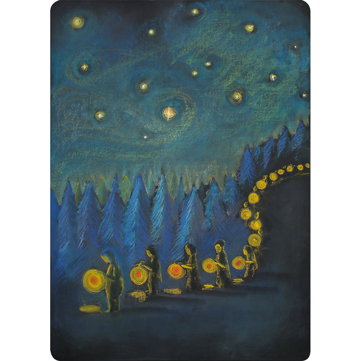 Lantern walk chalk drawing postcard