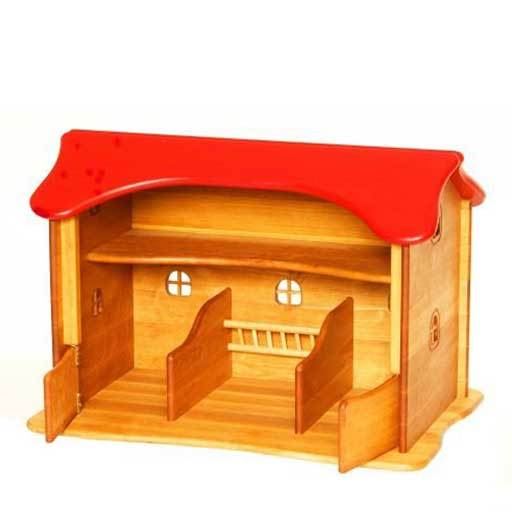 wooden barn with red roof